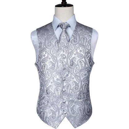 Herren Jacquard Weste Krawatte Einstecktuch Set Grau 5XL