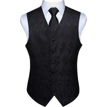Herren Weste Krawatte Einstecktuch Set Jacquard Blumenmuster Schwarz