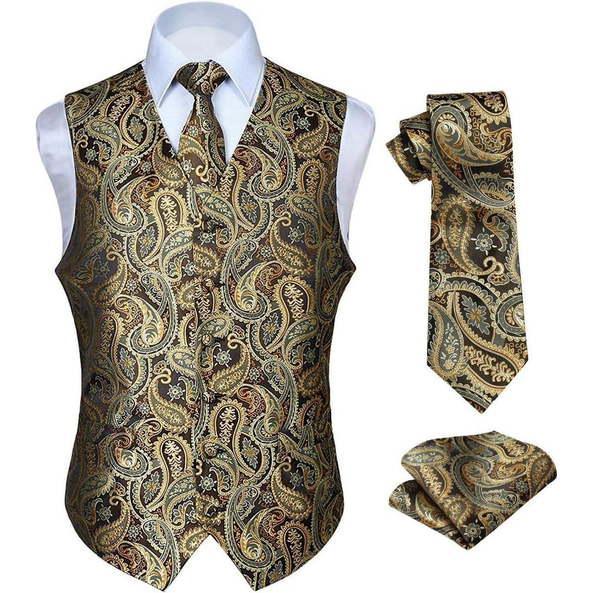 Herren Weste Krawatte Einstecktuch Set Gold Jacquard Seide