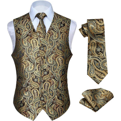 Herren Weste Krawatte Einstecktuch Set Gold Jacquard Seide