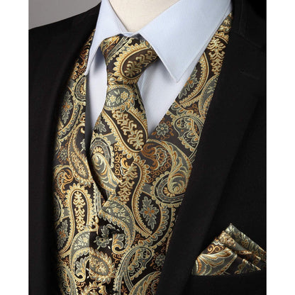 Herren Weste Krawatte Einstecktuch Set Gold Jacquard Seide