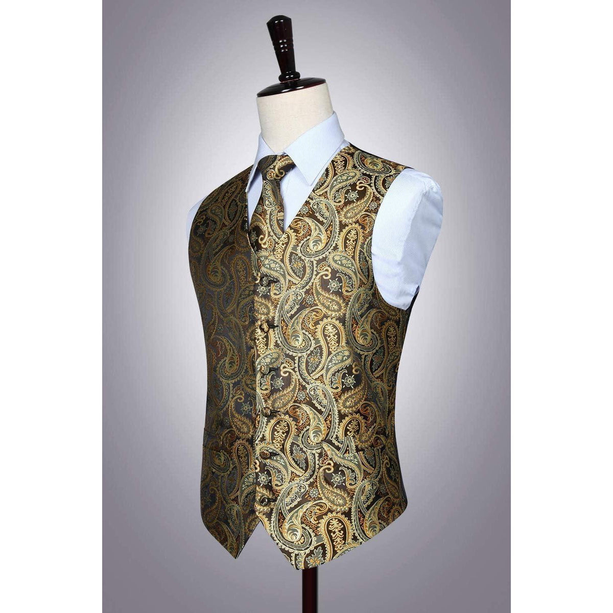 Herren Weste Krawatte Einstecktuch Set Gold Jacquard Seide