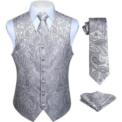 Herren Jacquard Weste Krawatte Einstecktuch Set Grau