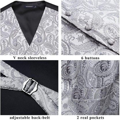 Herren Jacquard Weste Krawatte Einstecktuch Set Grau