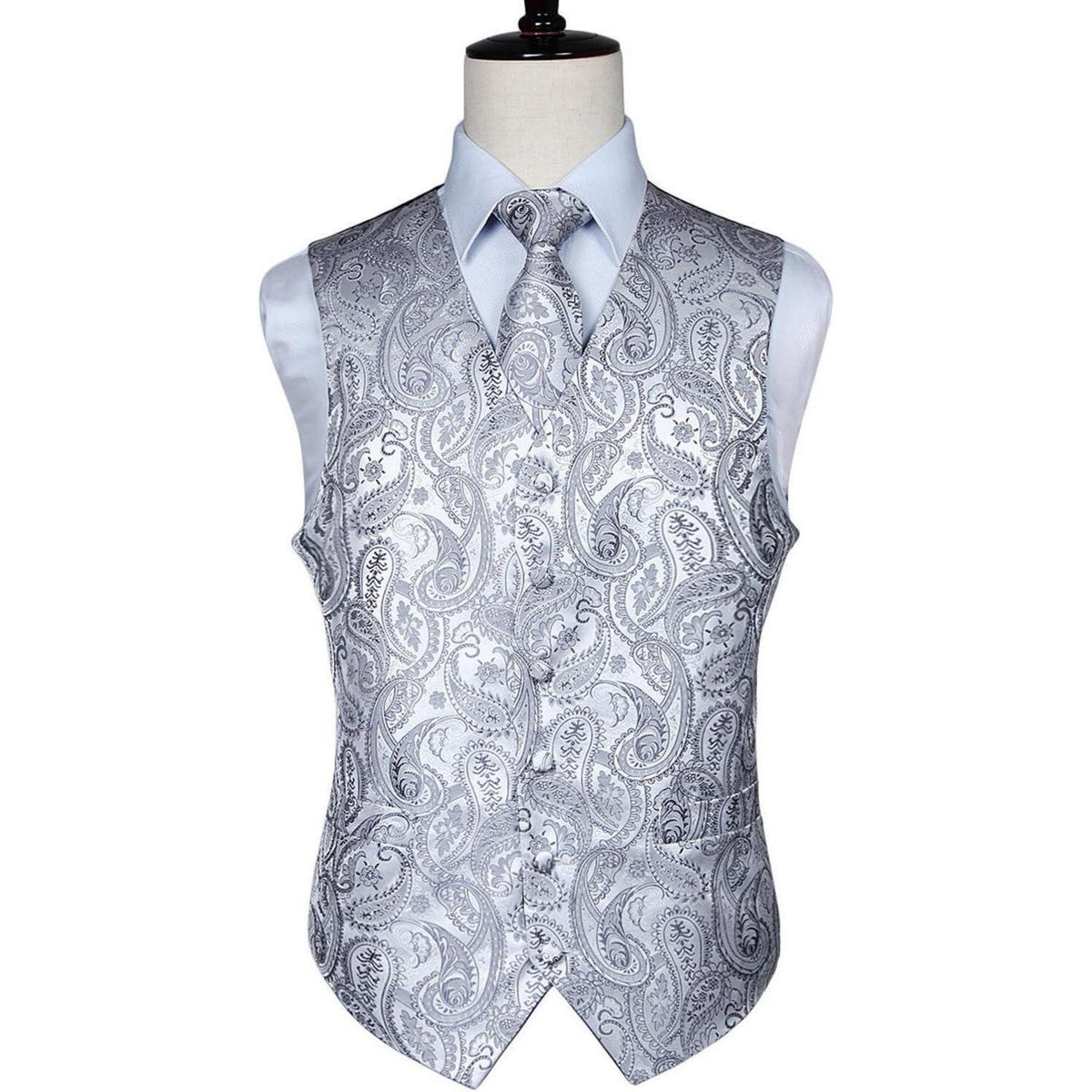 Herren Jacquard Weste Krawatte Einstecktuch Set Grau