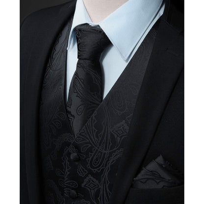 Herren Jacquard Weste Krawatte Einstecktuch Set Schwarz Seide