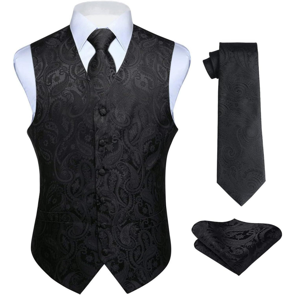 Herren Weste Krawatte Einstecktuch Set Jacquard Seide Schwarz