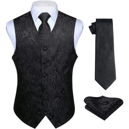 Herren Weste Krawatte Einstecktuch Set Jacquard Seide Schwarz