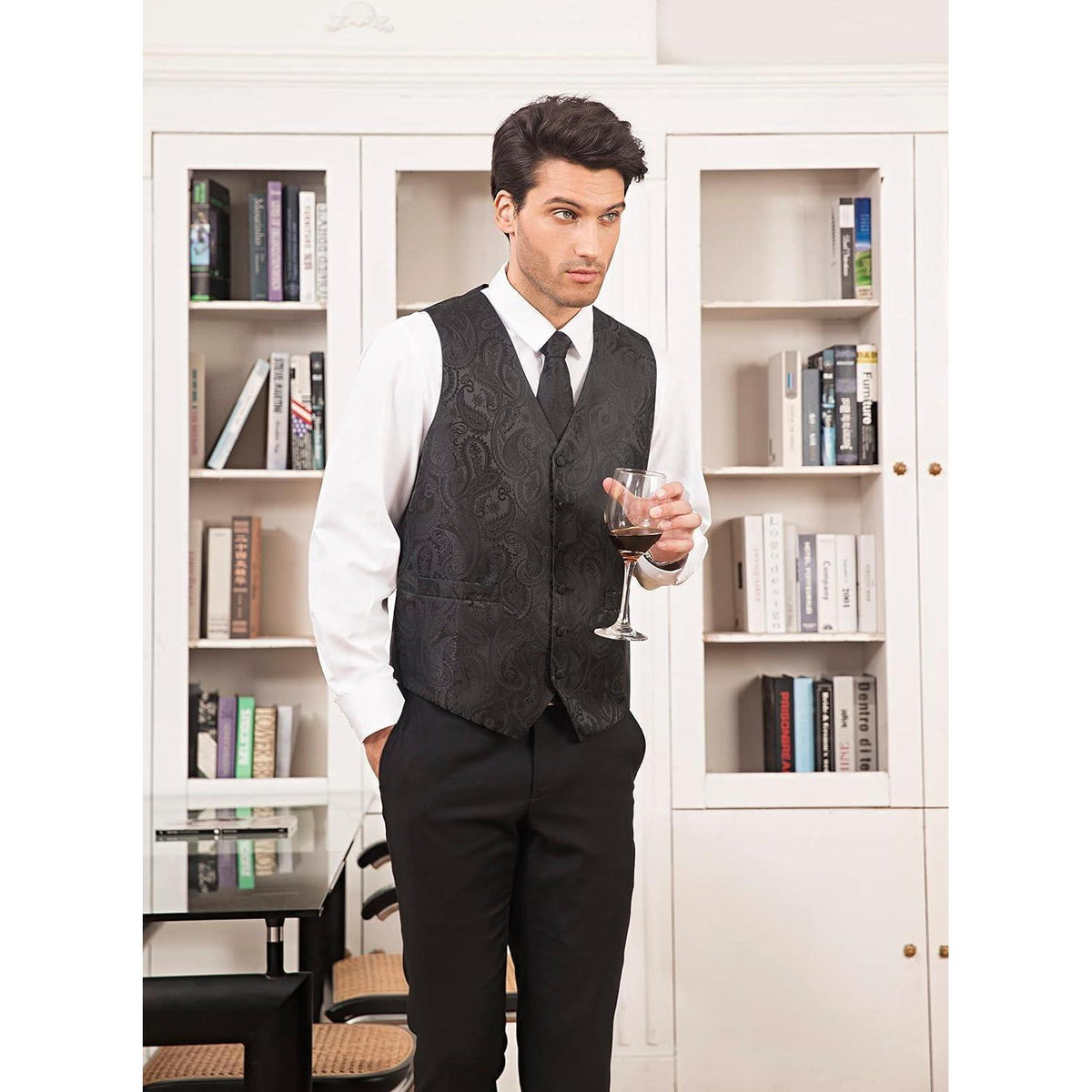 Herren Weste Krawatte Einstecktuch Set Jacquard Seide Schwarz