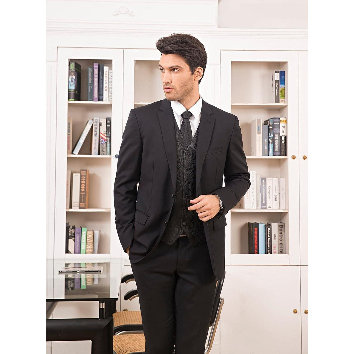 Herren Weste Krawatte Einstecktuch Set Jacquard Seide Schwarz