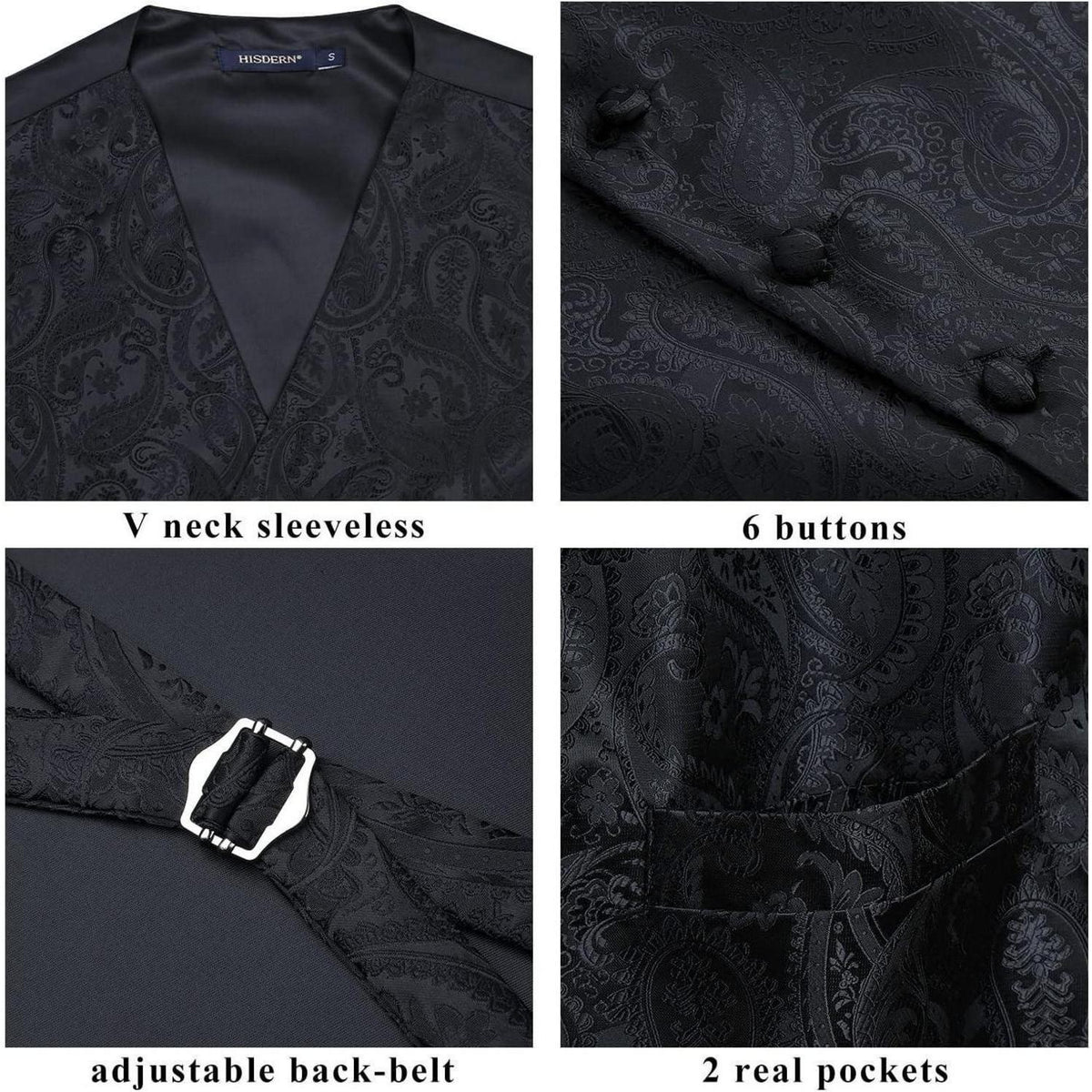 Herren Weste Krawatte Einstecktuch Set Jacquard Seide Schwarz