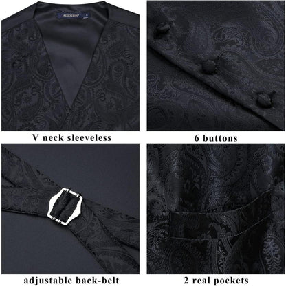 Herren Weste Krawatte Einstecktuch Set Jacquard Seide Schwarz