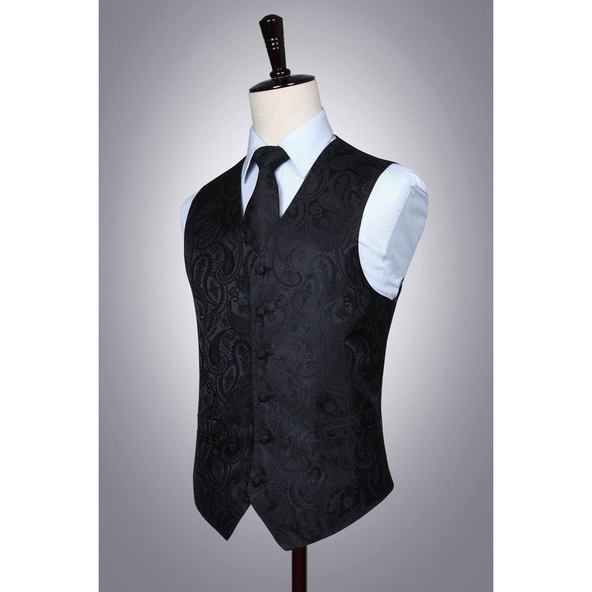 Herren Weste Krawatte Einstecktuch Set Jacquard Seide Schwarz