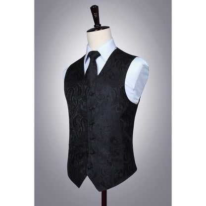 Herren Weste Krawatte Einstecktuch Set Jacquard Seide Schwarz