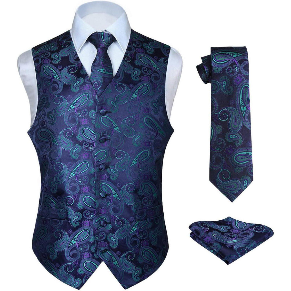 Herren Jacquard Weste Krawatte Einstecktuch Set Lila Grün
