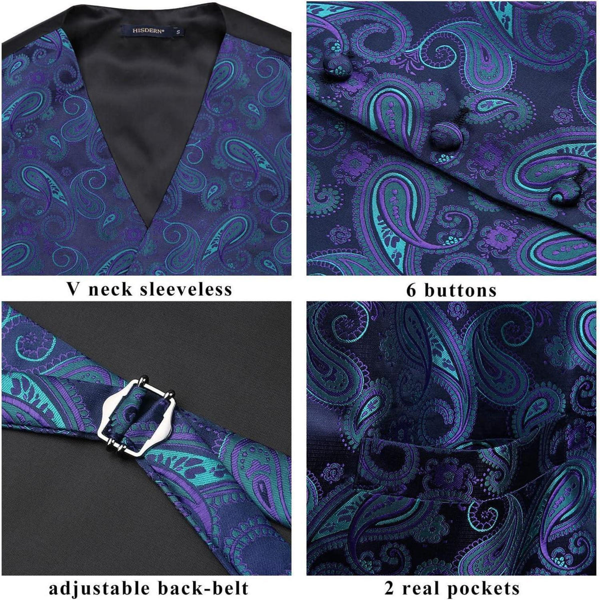 Herren Jacquard Weste Krawatte Einstecktuch Set Lila Grün