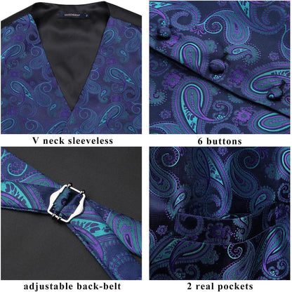 Herren Jacquard Weste Krawatte Einstecktuch Set Lila Grün