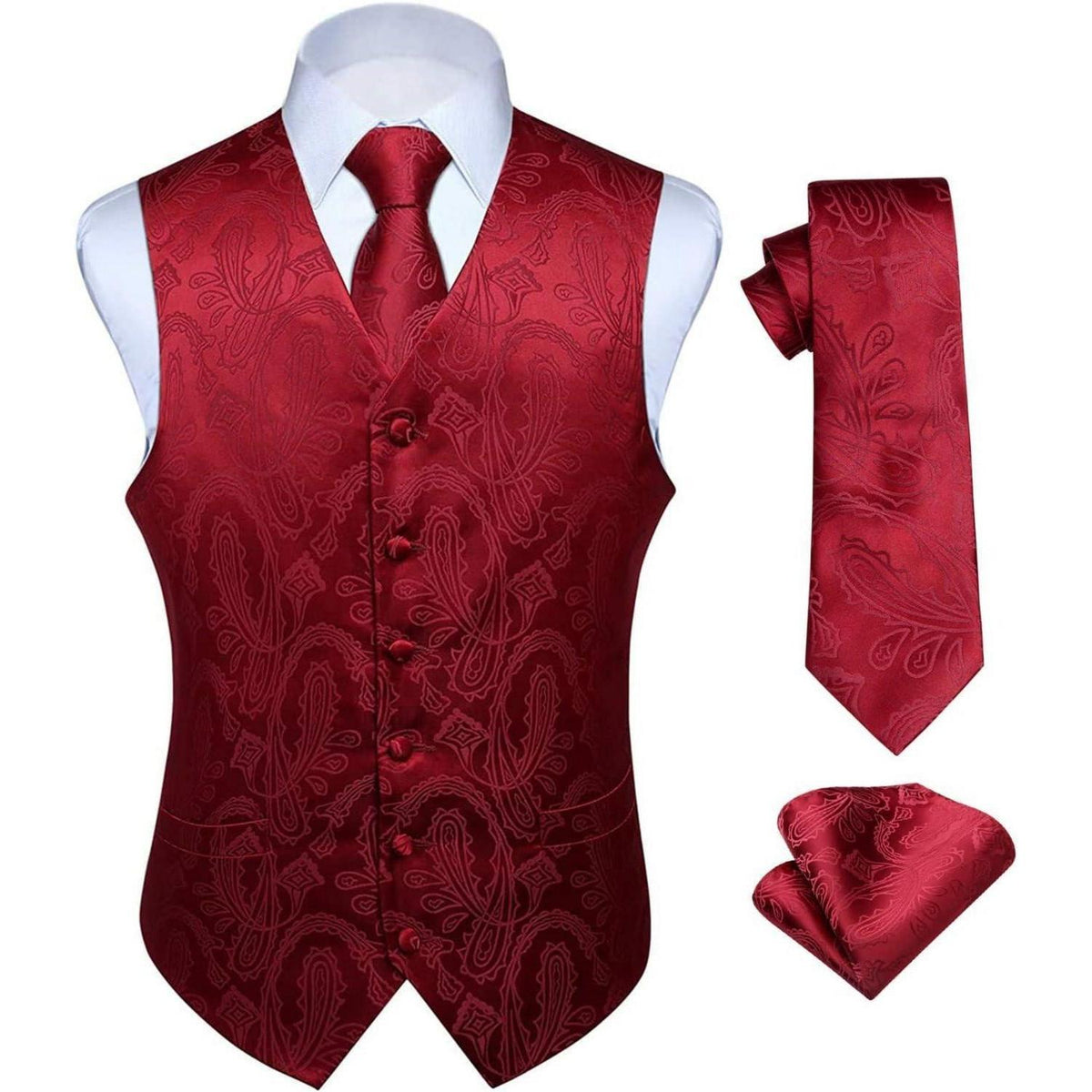 Herren Jacquard Weste Krawatte Einstecktuch Set 3XL Burgund