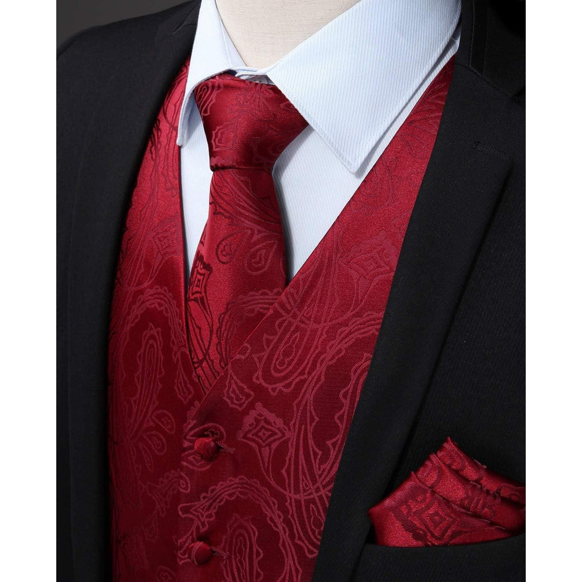Herren Jacquard Weste Krawatte Einstecktuch Set 3XL Burgund