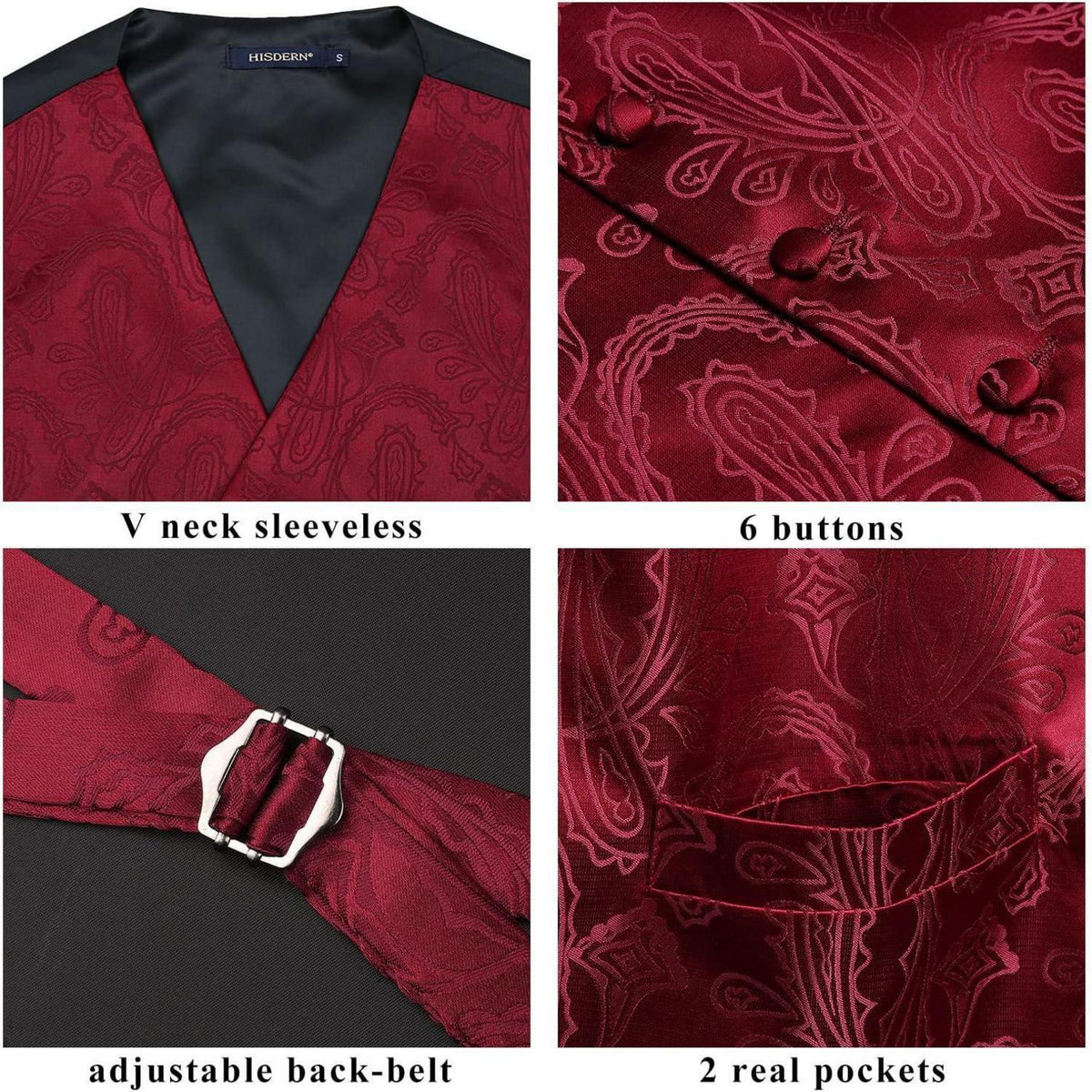 Herren Jacquard Weste Krawatte Einstecktuch Set 3XL Burgund