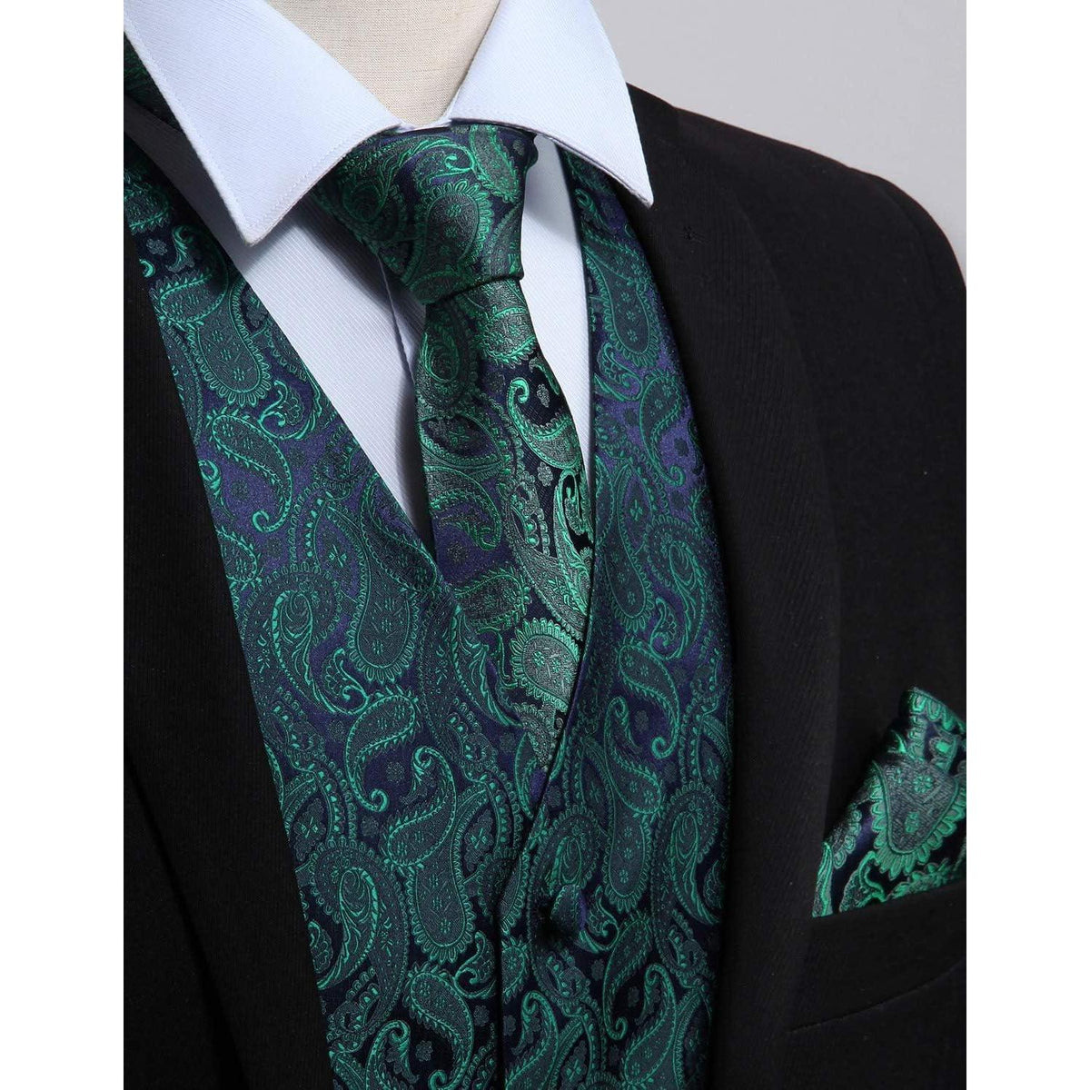 Herren Jacquard Weste Krawatte Einstecktuch Set Grün Lila