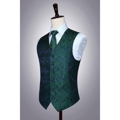 Herren Jacquard Weste Krawatte Einstecktuch Set Grün Lila