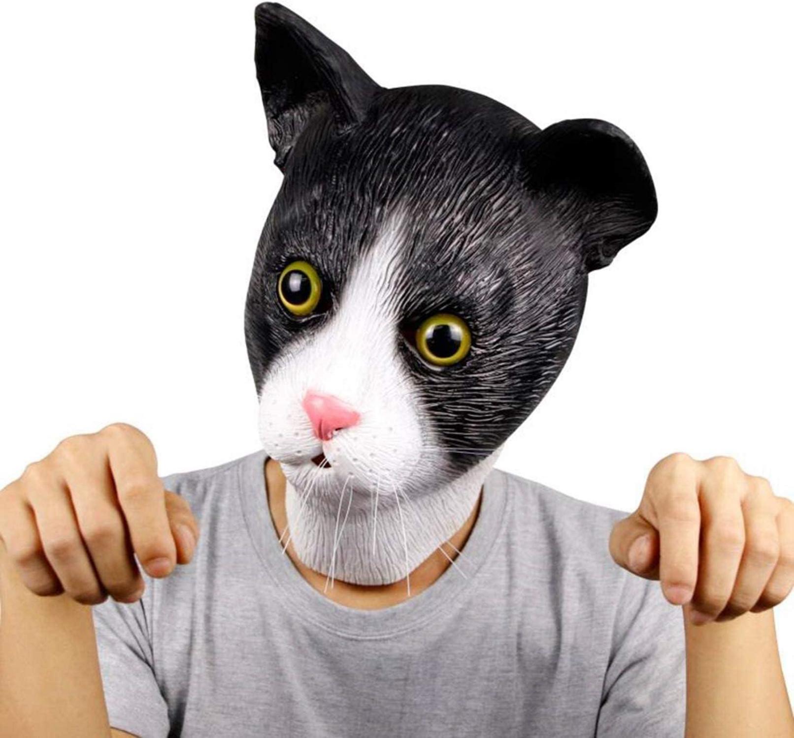 Nette Katze Halloween Latex Maske Schwarz Weiß Tierkopf Vollmaske