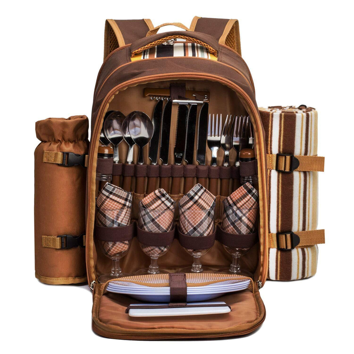 Picknickrucksack 4 Personen mit Set & Decke – Braun