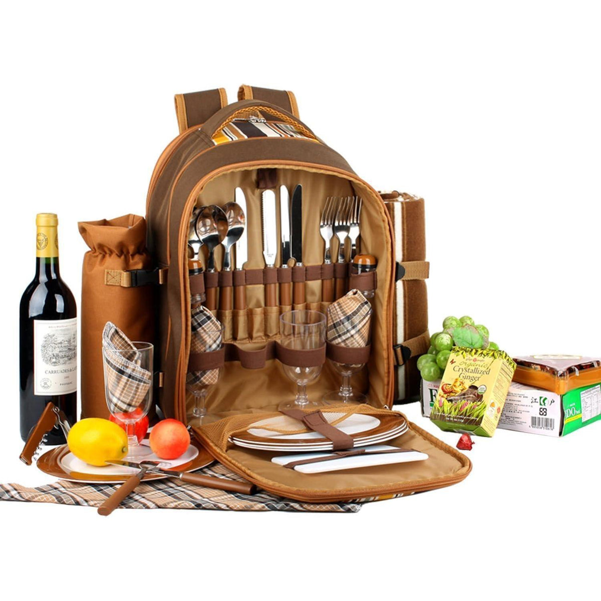 Picknickrucksack 4 Personen mit Set & Decke – Braun
