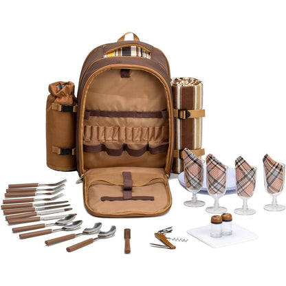Picknickrucksack 4 Personen mit Set & Decke – Braun