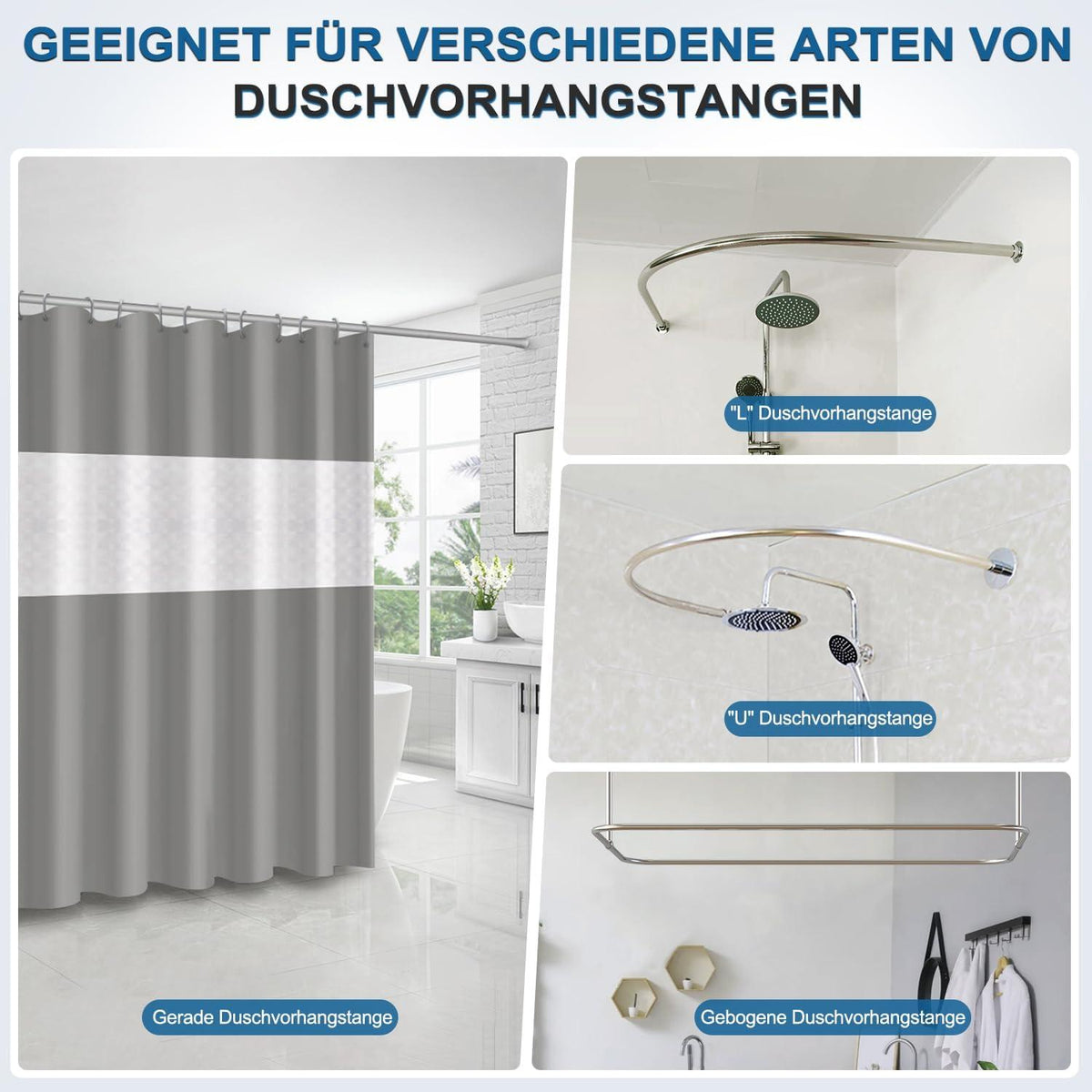 Duschvorhang 180x200 Wasserdicht Anti-schimmel Grau inkl. 12 Ringe