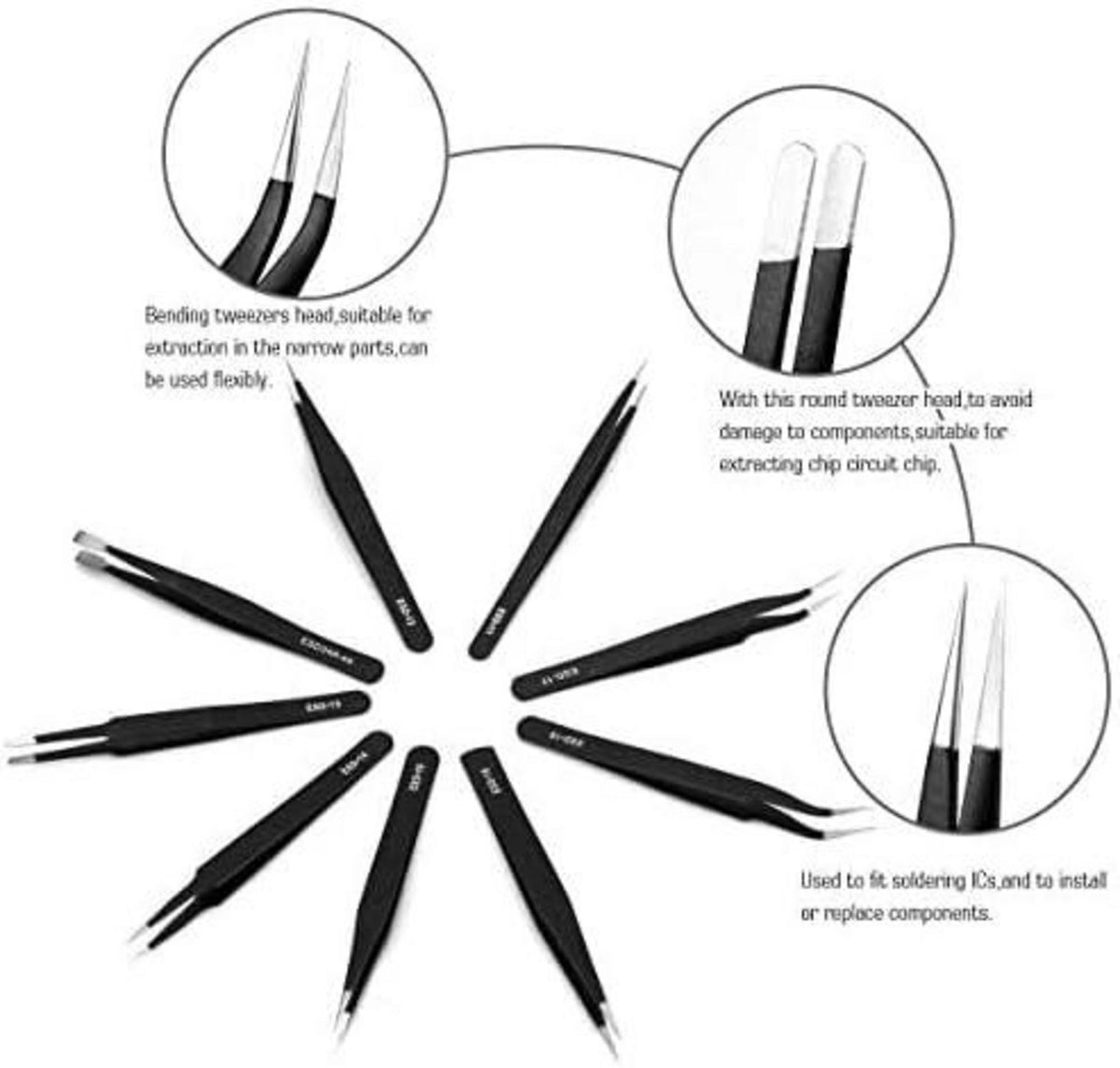 10PCS ESD Pinzetten Set aus Edelstahl in Aufbewahrungstasche