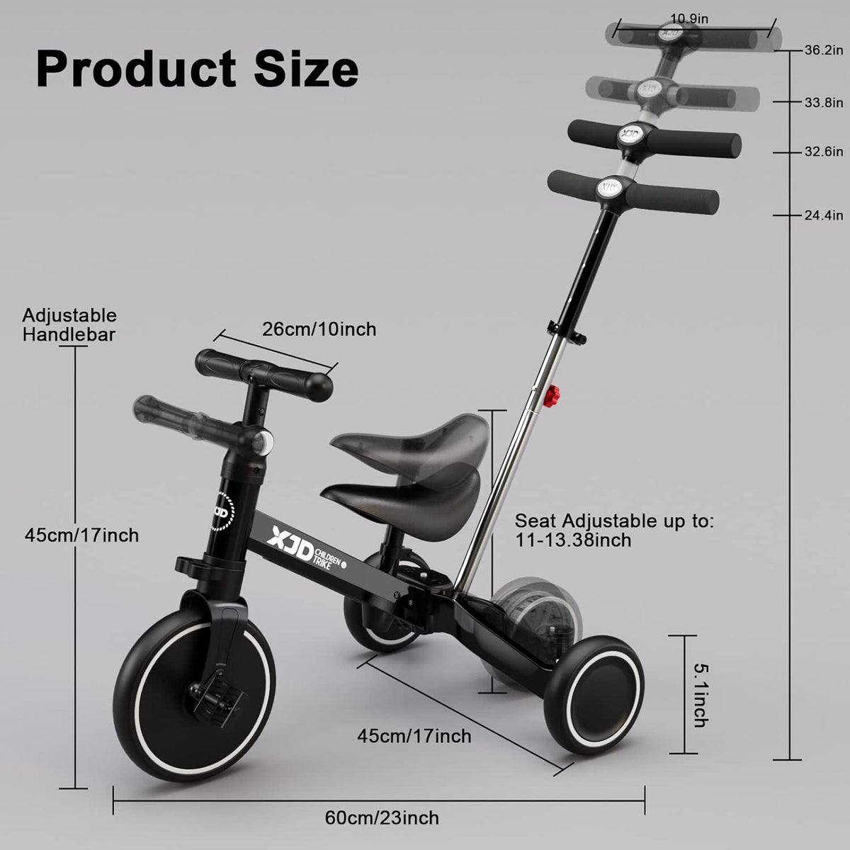 Kinderdreirad Laufrad Verstellbarer Sitz abnehmbares Pedal Schwarz