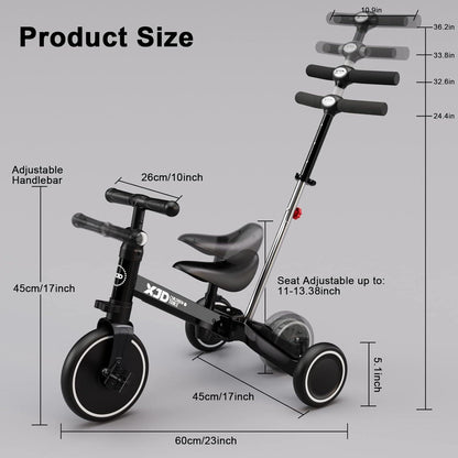 Kinderdreirad Laufrad Verstellbarer Sitz abnehmbares Pedal Schwarz