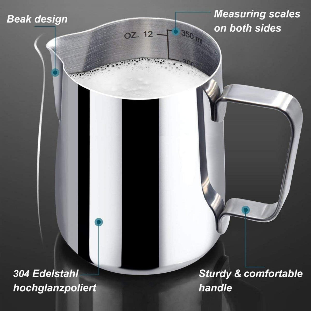 Edelstahl Milchkännchen 350ml Latte Art Milch Pitcher Silber