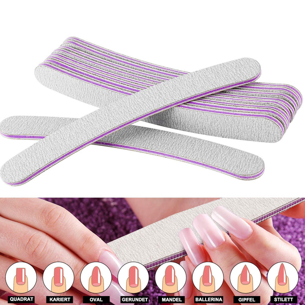 50 Nagelfeilen 100/180 Gebogene Feilen Nägel Schmirgelpapier Grau/Lila