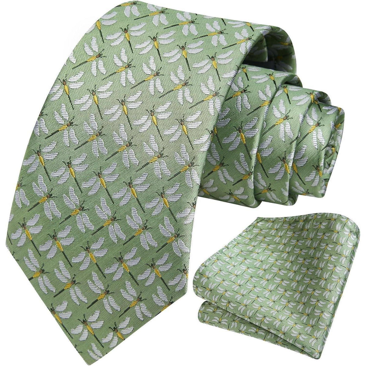 Herren Krawatten Set mit Tiermuster und Einstecktuch Grün/Gelb