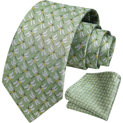 Herren Krawatten Set mit Tiermuster und Einstecktuch Grün/Gelb