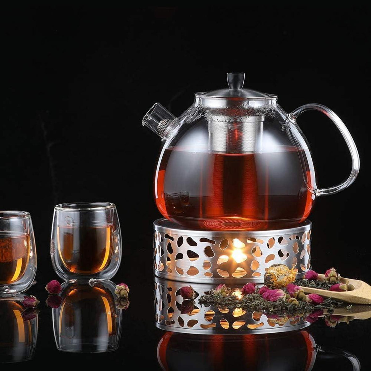 Teekanne mit Stövchen 1.5L aus Borosilikatglas & Edelstahl