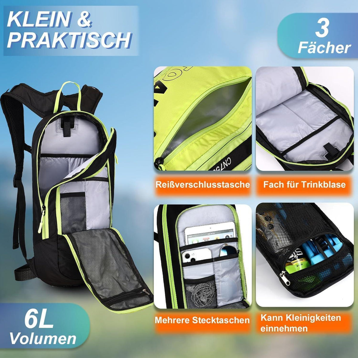 Fahrradrucksack 6L Grün mit Regenschutz & Reflektoren