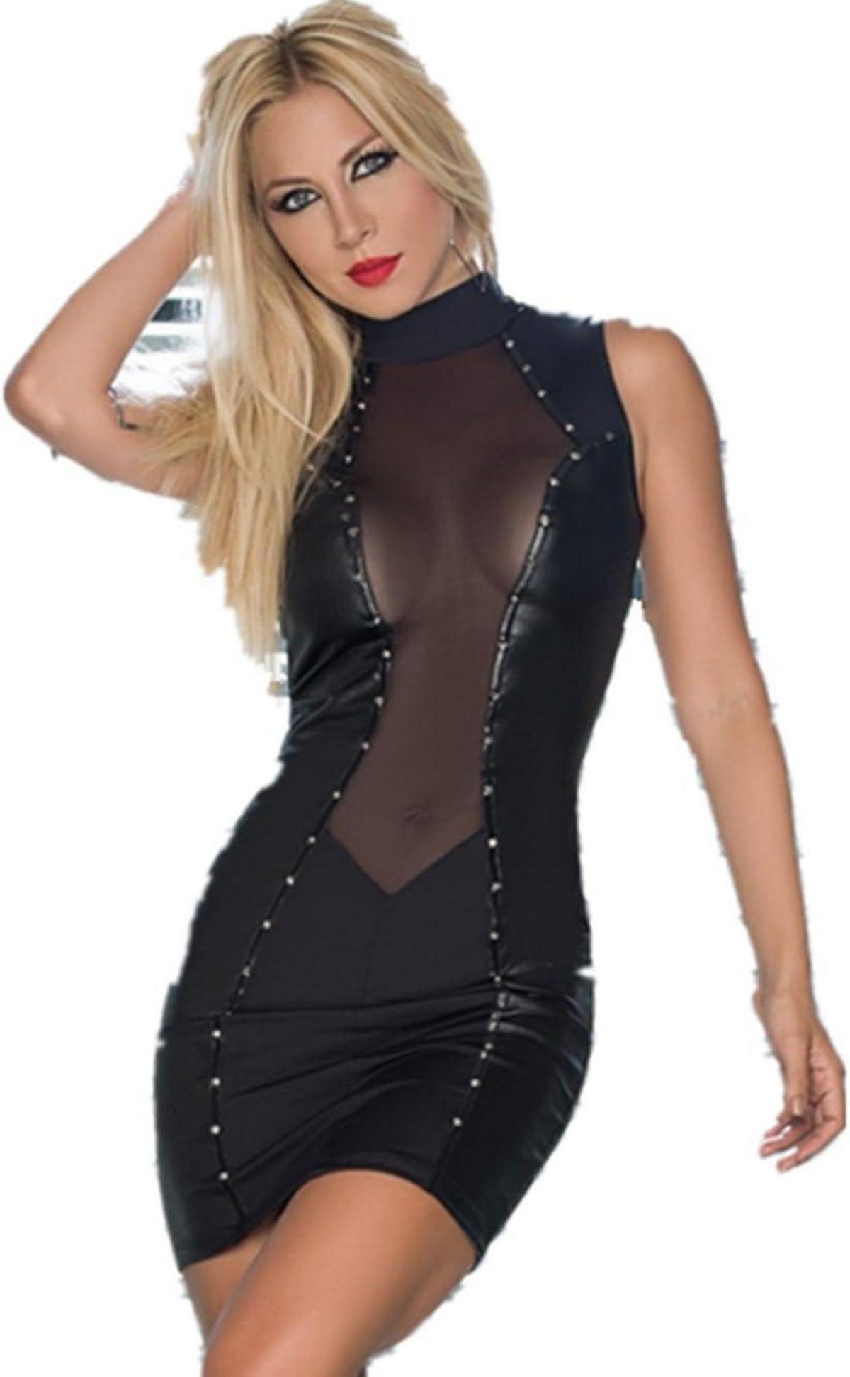 Sexy Lackleder Minikleid Damen Nieten Bühnenkleidung Schwarz