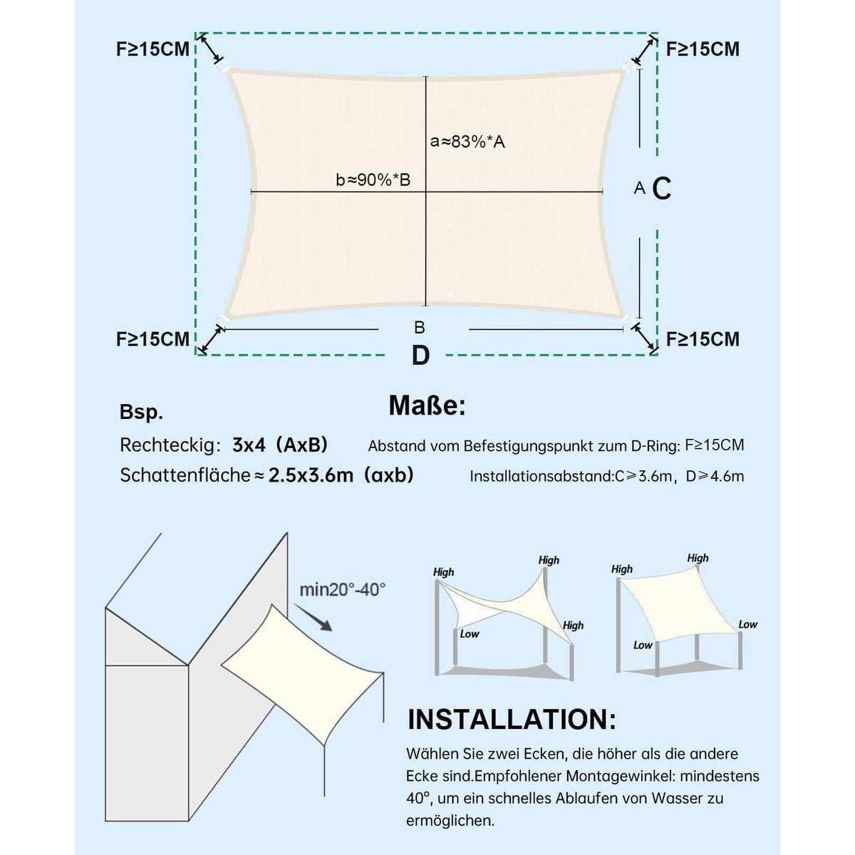 Wasserdichtes Sonnensegel 3x4m Cremeweiß UV-Schutz für Garten & Terrasse