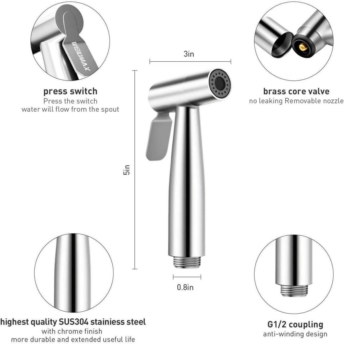 Handgehaltenes Bidet mit Edelstahl-Sprühkopf & Schlauch