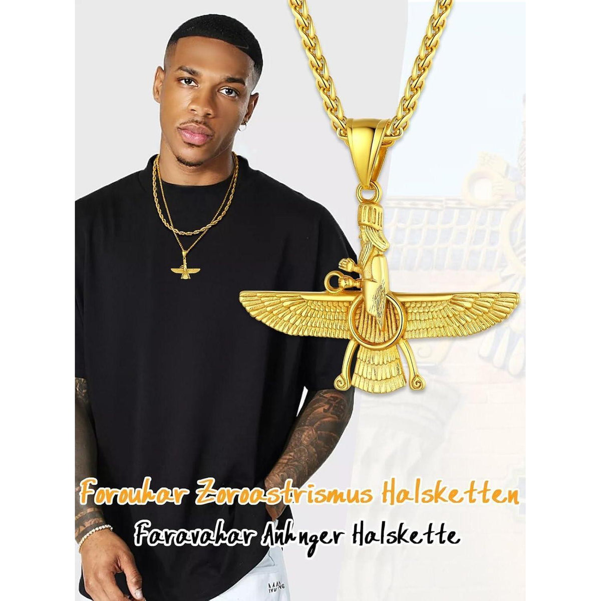 Halskette mit Faravahar Anhänger Edelstahl Goldfarben