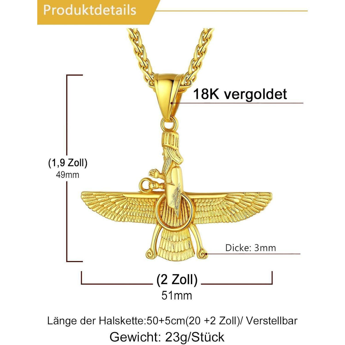 Halskette mit Faravahar Anhänger Edelstahl Goldfarben