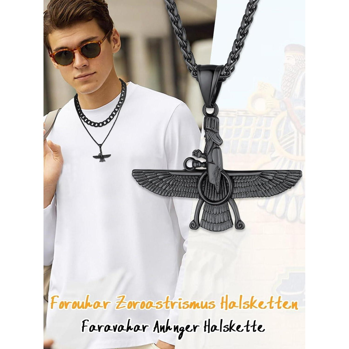 Edelstahl Halskette mit Faravahar Anhänger für Damen und Herren