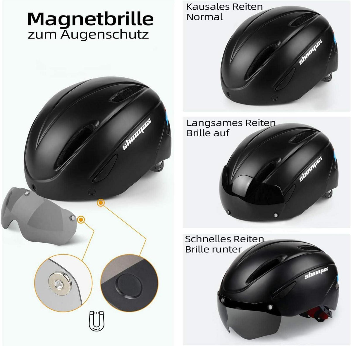 Fahrradhelm mit Visier Abnehmbarer Magnetischer Schutzbrille Schwarz
