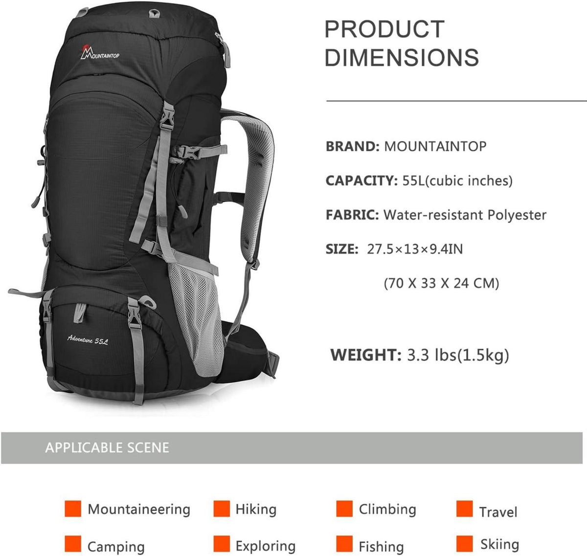 Trekkingrucksack mit Innenrahmen 55L Outdoor Rucksack Schwarz