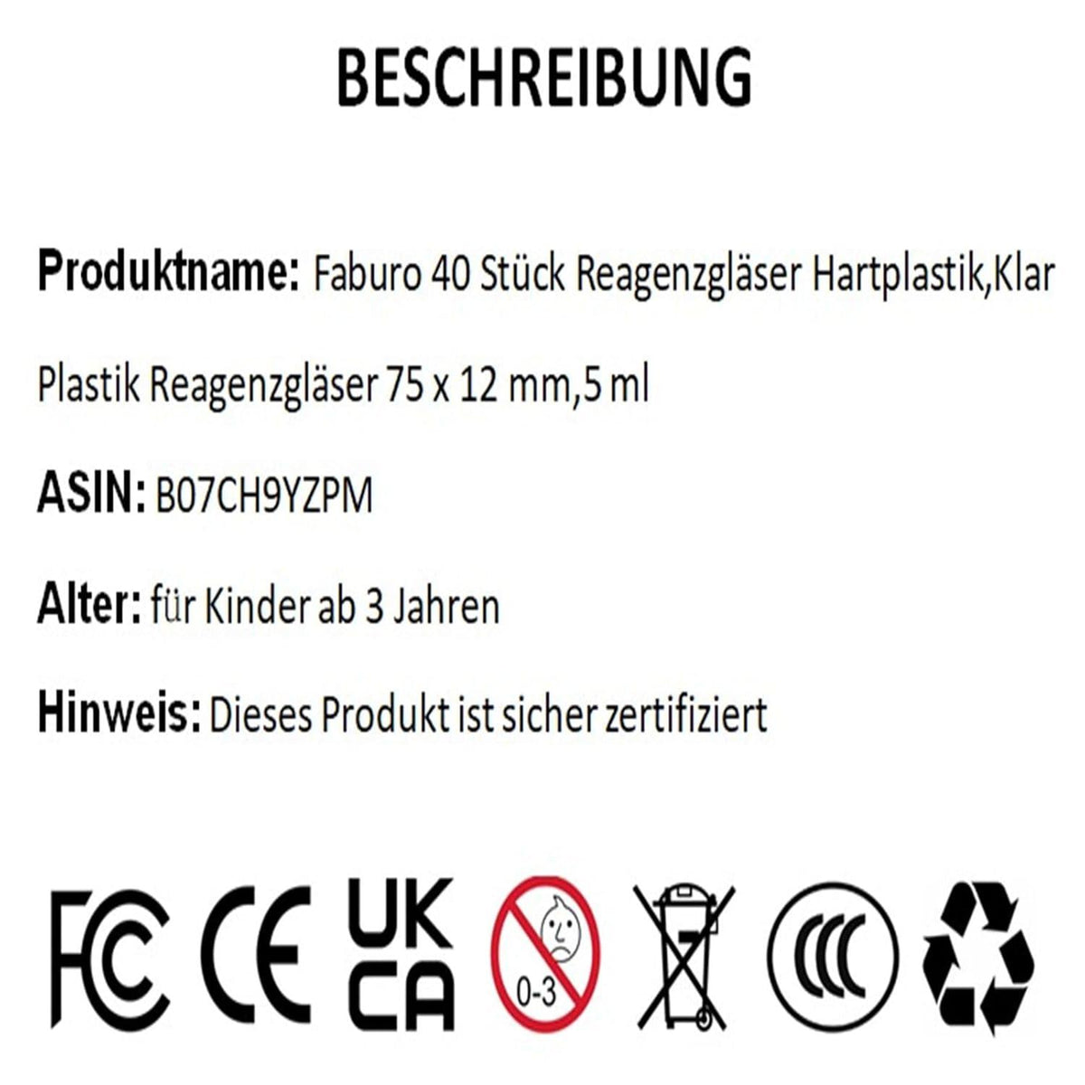 40 Stück Klar Plastik Reagenzgläser 75 x 12 mm mit Naturkorken