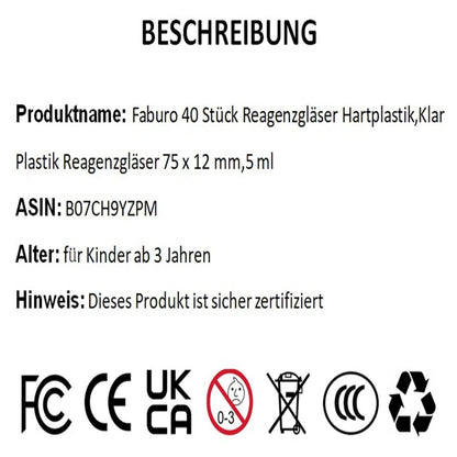 40 Stück Klar Plastik Reagenzgläser 75 x 12 mm mit Naturkorken